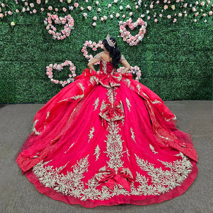 Off Shoulder Sleeveless Beaded Gold Appliques Ruffles Bow Knot Red Sweet 15 Quinceañera Dress WQ1597