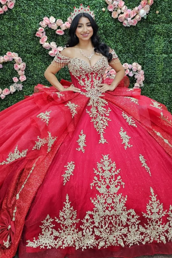 Langes Quinceanera-Kleid mit Herzausschnitt für Damen, trägerloses Korsett mit Blumenapplikationen, Perlenbesetztes Tüll-Ballkleid 