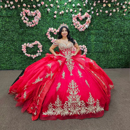 Off Shoulder Sleeveless Beaded Gold Appliques Ruffles Bow Knot Red Sweet 15 Quinceañera Dress WQ1597