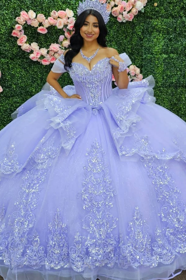 Off Shoulder Sleeveless Beaded Silver Appliques Ruffles Lilac Sweet 15 Quinceañera Dress WQ1598