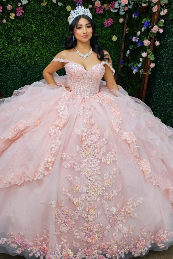 Langes Quinceanera-Kleid mit Herzausschnitt für Damen, trägerloses Korsett mit Blumenapplikationen, Perlenbesetztes Tüll-Ballkleid 