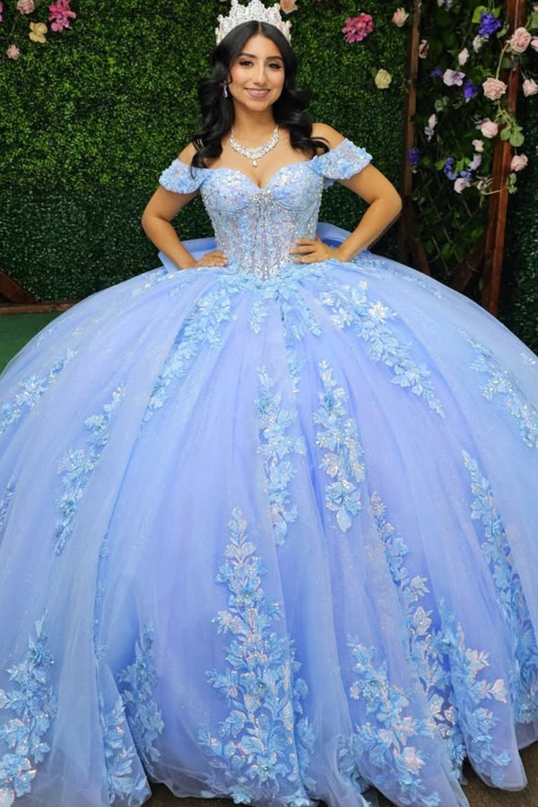 Langes Quinceanera-Kleid mit Herzausschnitt für Damen, trägerloses Korsett mit Blumenapplikationen, Perlenbesetztes Tüll-Ballkleid 