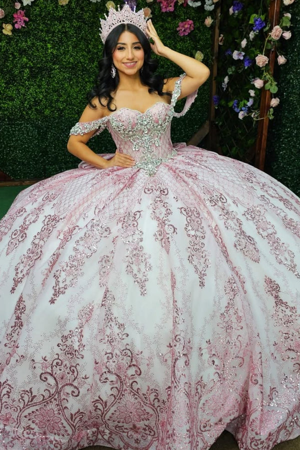 Langes Quinceanera-Kleid mit Herzausschnitt für Damen, trägerloses Korsett mit Blumenapplikationen, Perlenbesetztes Tüll-Ballkleid 