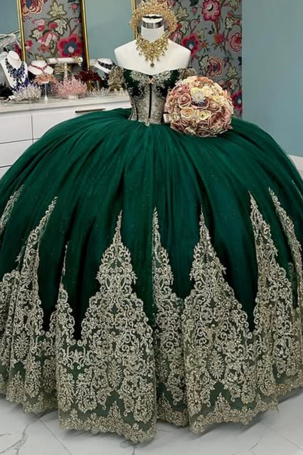 Langes Quinceanera-Kleid mit Herzausschnitt für Damen, trägerloses Korsett mit Blumenapplikationen, Perlenbesetztes Tüll-Ballkleid 