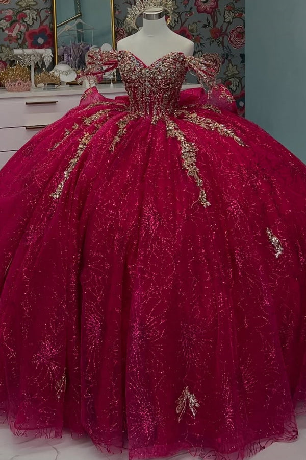 Langes Quinceanera-Kleid mit Herzausschnitt für Damen, trägerloses Korsett mit Blumenapplikationen, Perlenbesetztes Tüll-Ballkleid 