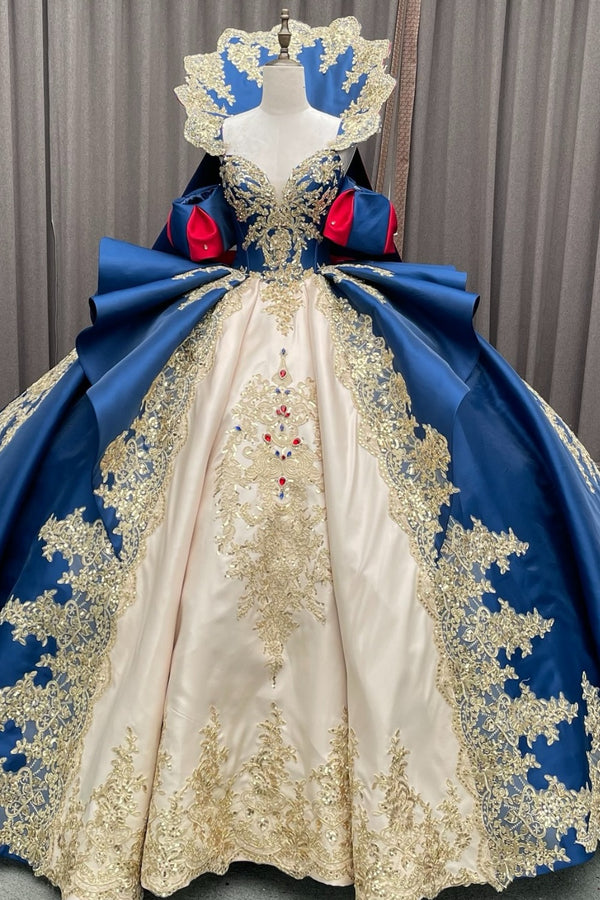 V Neck Short Sleeves Beaded Gold Appliques Bow Knot Ruffles Snow White Quinceañera Dress WQ1604