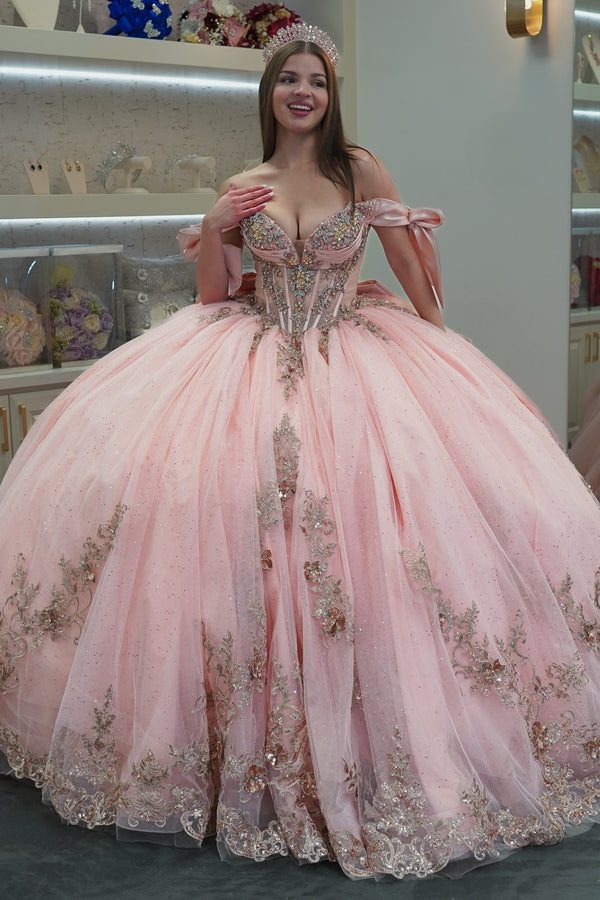Langes Quinceanera-Kleid mit Herzausschnitt für Damen, trägerloses Korsett mit Blumenapplikationen, Perlenbesetztes Tüll-Ballkleid 