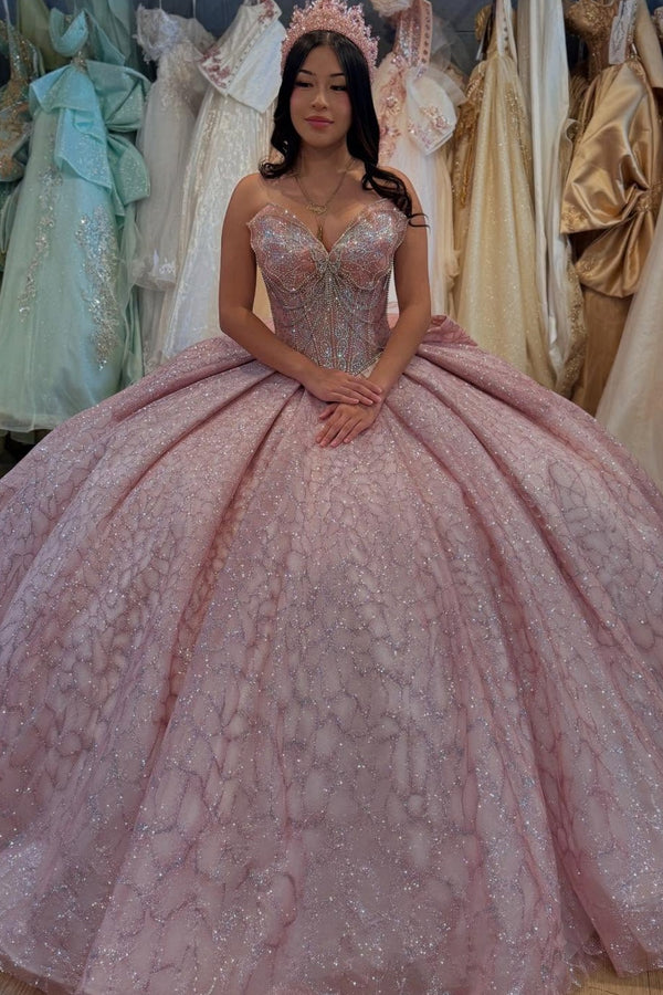 Langes Quinceanera-Kleid mit Herzausschnitt für Damen, trägerloses Korsett mit Blumenapplikationen, Perlenbesetztes Tüll-Ballkleid 