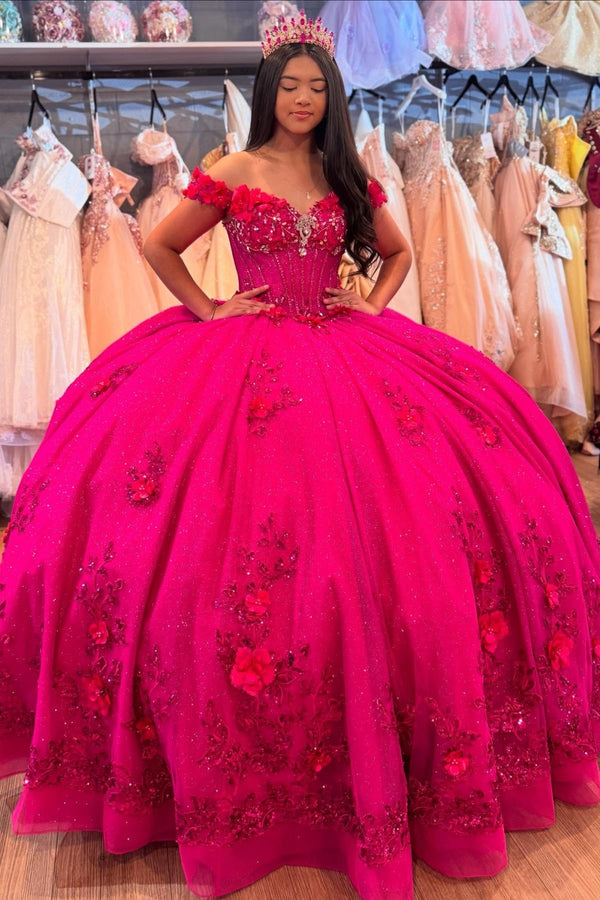 Langes Quinceanera-Kleid mit Herzausschnitt für Damen, trägerloses Korsett mit Blumenapplikationen, Perlenbesetztes Tüll-Ballkleid 