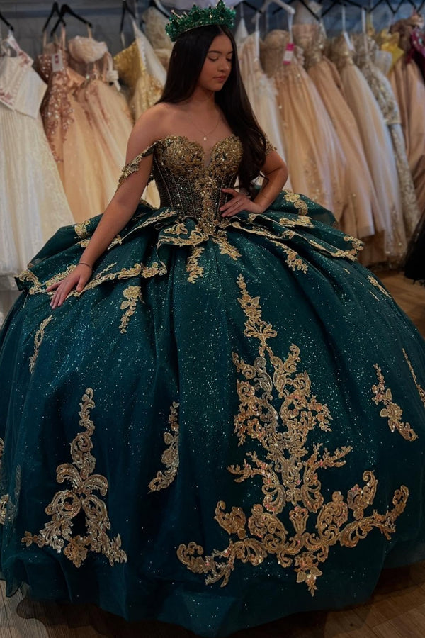 Langes Quinceanera-Kleid mit Herzausschnitt für Damen, trägerloses Korsett mit Blumenapplikationen, Perlenbesetztes Tüll-Ballkleid 