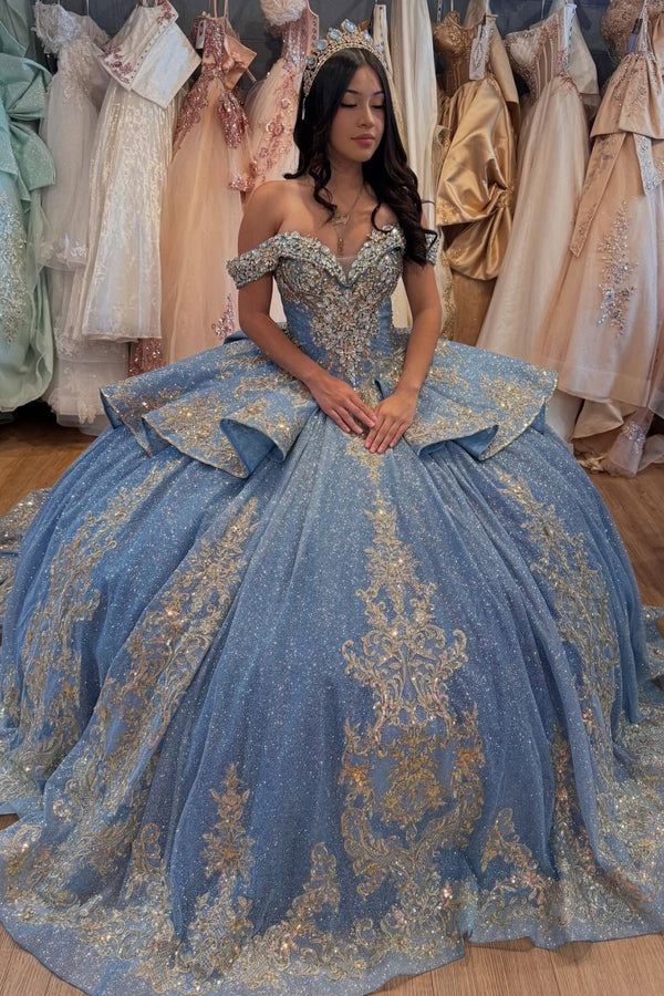 Off Shoulder Sleeveless Crystal Sequins Silver Appliques Ruffles Bow Knot Blue Quinceañera Dress for Sweet 15 WQ1610