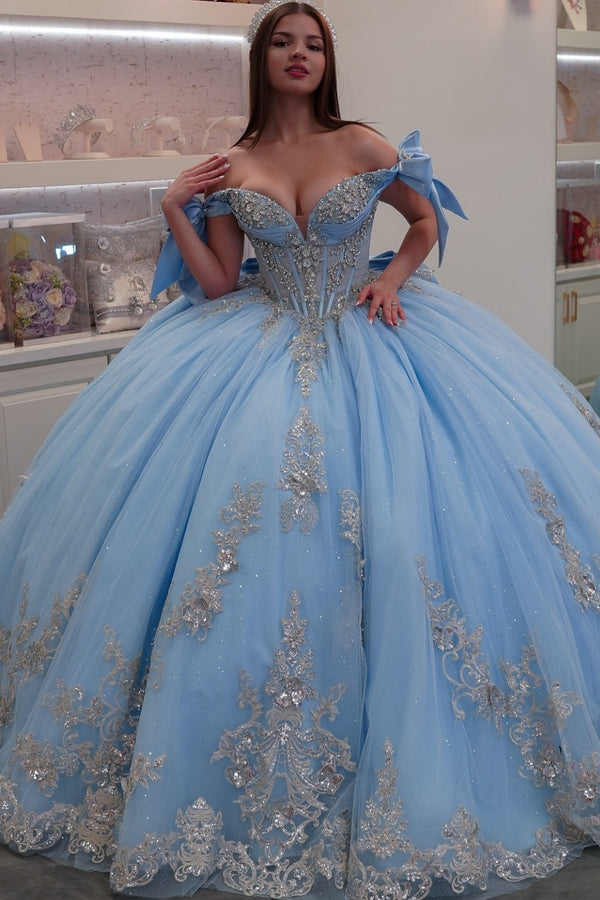 Off Shoulder Sleeveless Beaded Crystal Silver Appliques Bow Knot Blue Sweet 15 Quinceañera Dress WQ1612