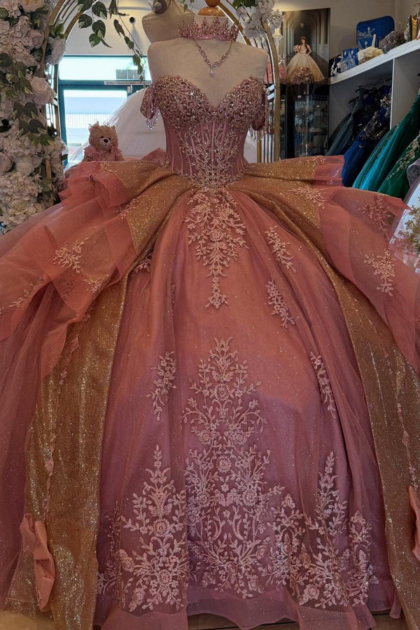 Langes Quinceanera-Kleid mit Herzausschnitt für Damen, trägerloses Korsett mit Blumenapplikationen, Perlenbesetztes Tüll-Ballkleid 