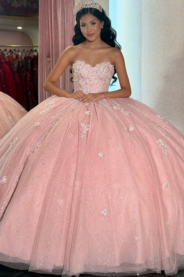 Langes Quinceanera-Kleid mit Herzausschnitt für Damen, trägerloses Korsett mit Blumenapplikationen, Perlenbesetztes Tüll-Ballkleid 
