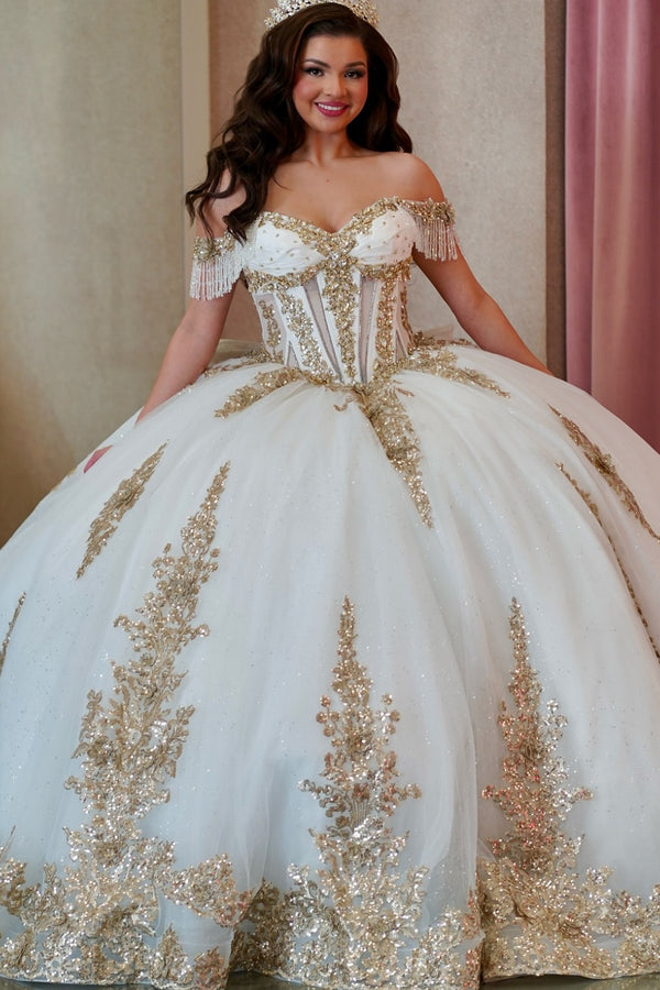 Langes Quinceanera-Kleid mit Herzausschnitt für Damen, trägerloses Korsett mit Blumenapplikationen, Perlenbesetztes Tüll-Ballkleid 