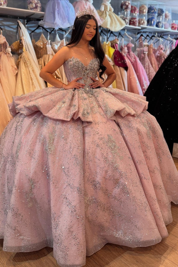 Langes Quinceanera-Kleid mit Herzausschnitt für Damen, trägerloses Korsett mit Blumenapplikationen, Perlenbesetztes Tüll-Ballkleid 