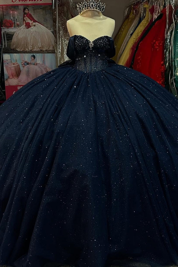Langes Quinceanera-Kleid mit Herzausschnitt für Damen, trägerloses Korsett mit Blumenapplikationen, Perlenbesetztes Tüll-Ballkleid 