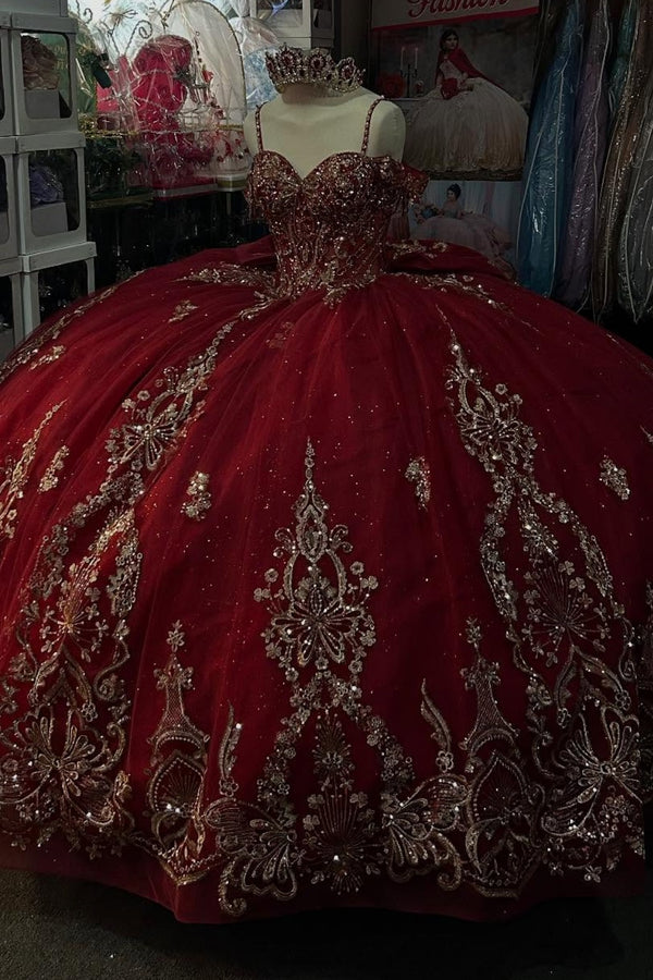 Langes Quinceanera-Kleid mit Herzausschnitt für Damen, trägerloses Korsett mit Blumenapplikationen, Perlenbesetztes Tüll-Ballkleid 