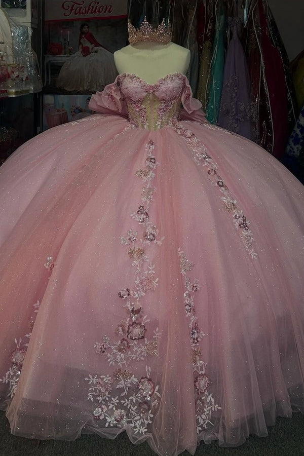 Langes Quinceanera-Kleid mit Herzausschnitt für Damen, trägerloses Korsett mit Blumenapplikationen, Perlenbesetztes Tüll-Ballkleid 