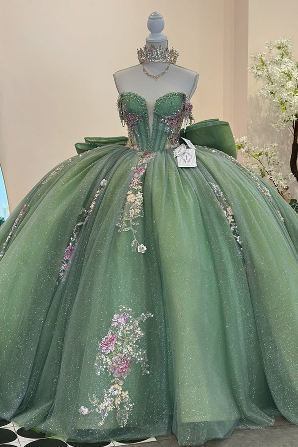 Langes Quinceanera-Kleid mit Herzausschnitt für Damen, trägerloses Korsett mit Blumenapplikationen, Perlenbesetztes Tüll-Ballkleid 