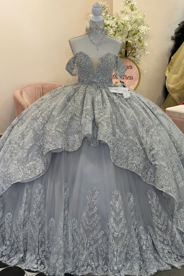 Langes Quinceanera-Kleid mit Herzausschnitt für Damen, trägerloses Korsett mit Blumenapplikationen, Perlenbesetztes Tüll-Ballkleid 
