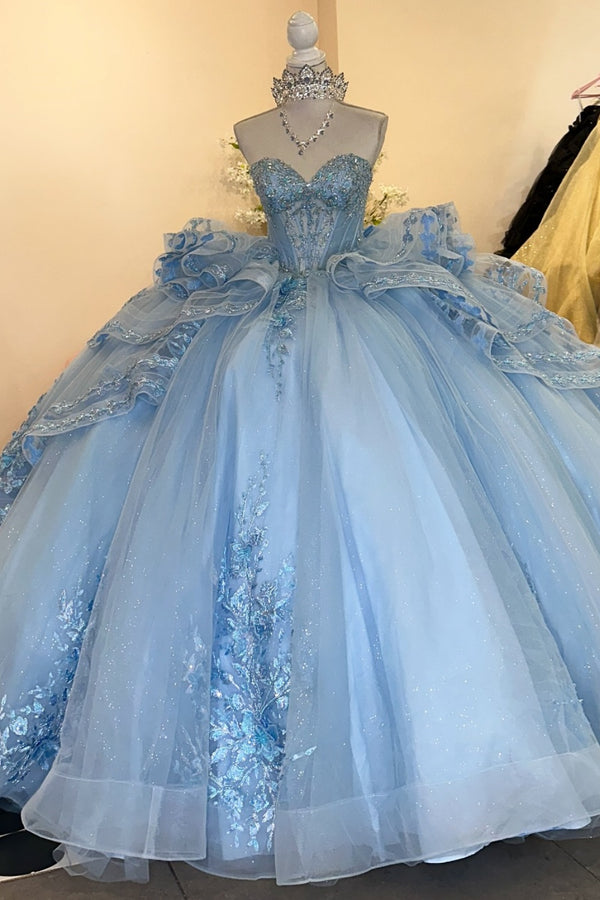 Langes Quinceanera-Kleid mit Herzausschnitt für Damen, trägerloses Korsett mit Blumenapplikationen, Perlenbesetztes Tüll-Ballkleid 