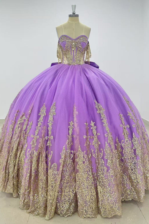 Off Shoulder Sleeveless Sequins Beaded Gold Appliques Bow Knot Purple Quinceañera Dress WQ1626