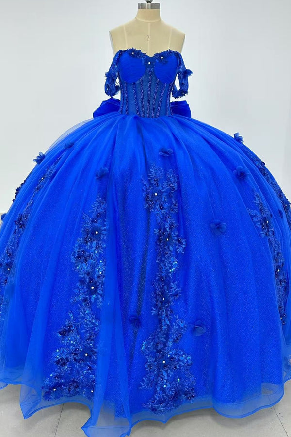 Langes Quinceanera-Kleid mit Herzausschnitt für Damen, trägerloses Korsett mit Blumenapplikationen, Perlenbesetztes Tüll-Ballkleid 