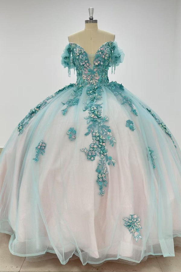 Langes Quinceanera-Kleid mit Herzausschnitt für Damen, trägerloses Korsett mit Blumenapplikationen, Perlenbesetztes Tüll-Ballkleid 