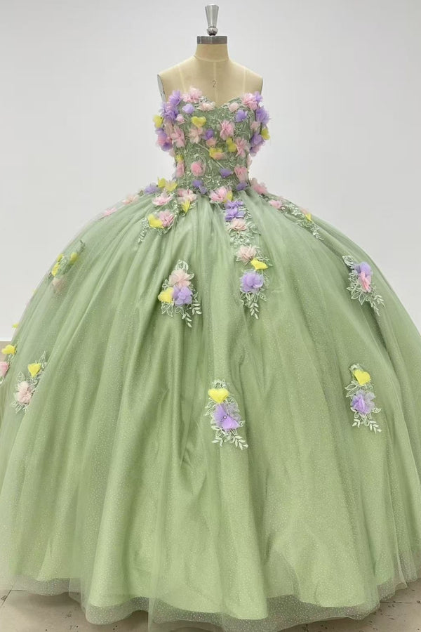 Langes Quinceanera-Kleid mit Herzausschnitt für Damen, trägerloses Korsett mit Blumenapplikationen, Perlenbesetztes Tüll-Ballkleid 