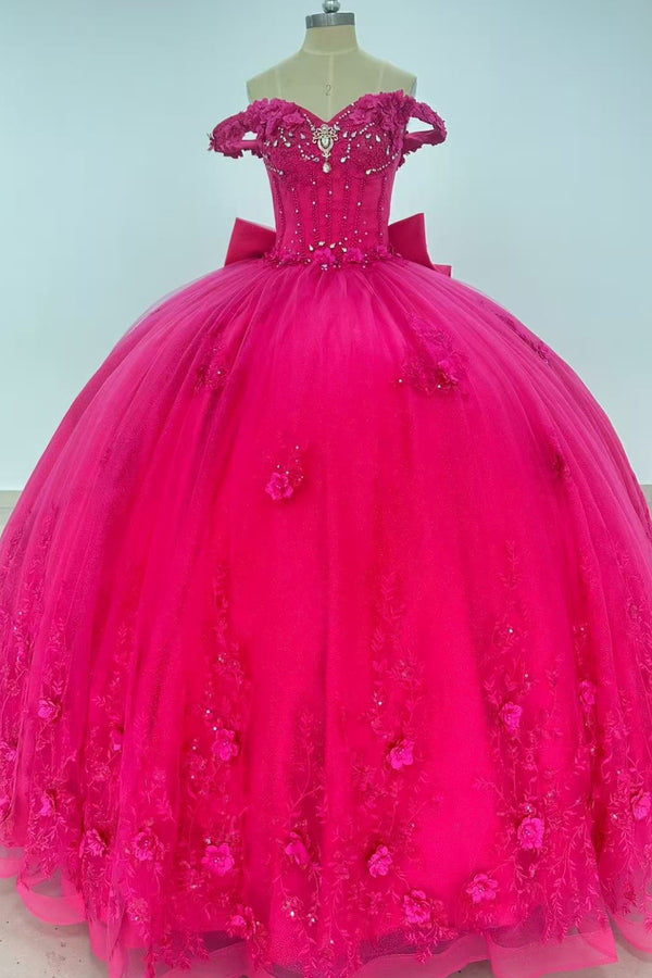 Langes Quinceanera-Kleid mit Herzausschnitt für Damen, trägerloses Korsett mit Blumenapplikationen, Perlenbesetztes Tüll-Ballkleid 