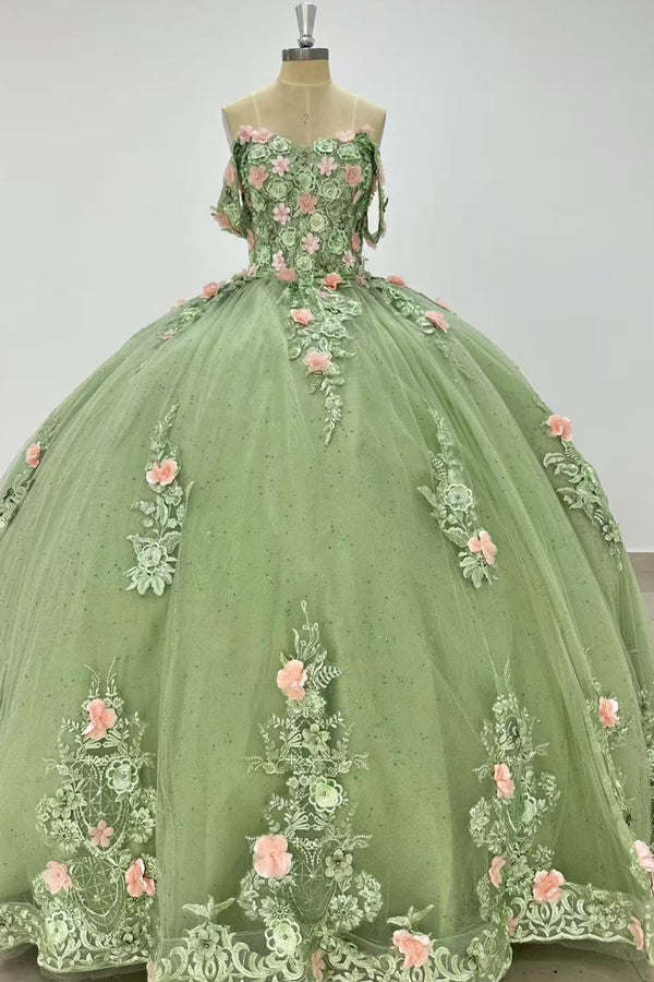 Off Shoulder Sleeveless 3D Flowers Appliques Sage Green Sweet 15 Quinceañera Dress WQ1631