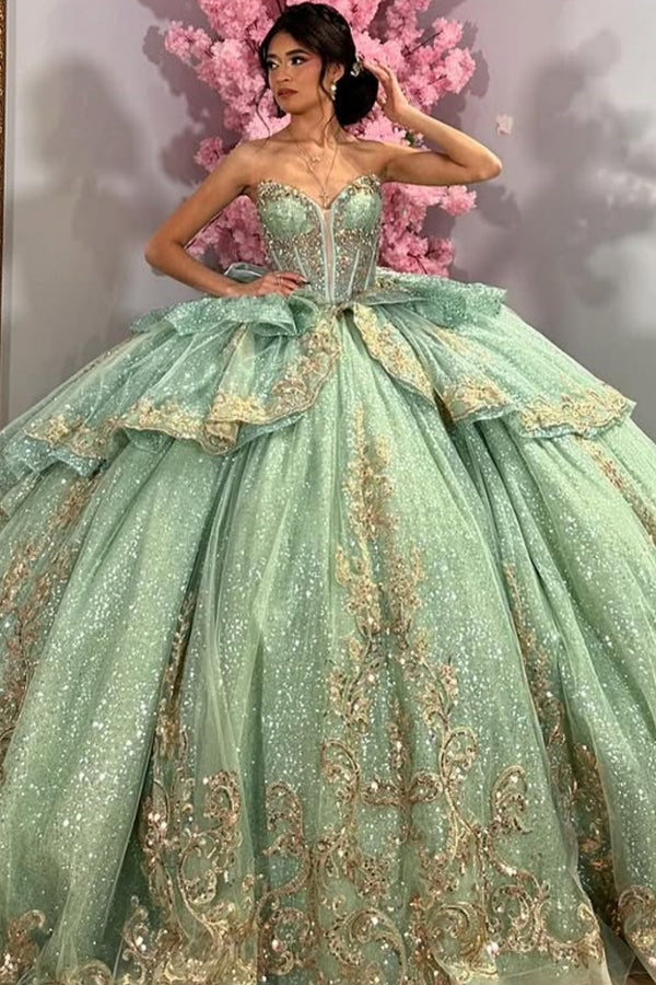 V Neck Sleeveless Beaded Appliques Ruffles Bow Knot Mint Green Sweet 15 Quinceañera Dress WQ1633