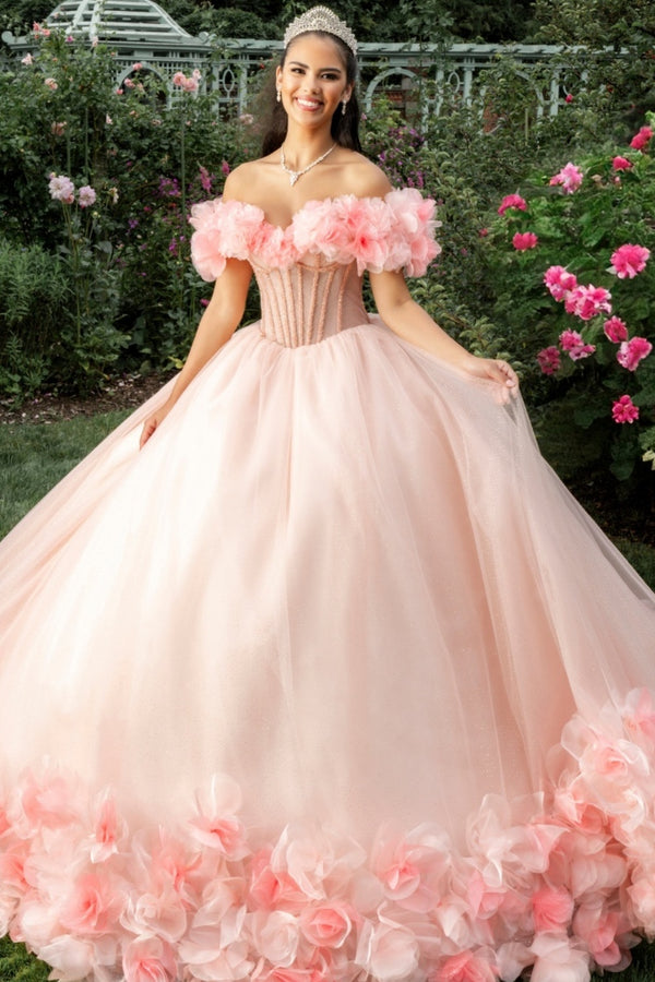 Langes Quinceanera-Kleid mit Herzausschnitt für Damen, trägerloses Korsett mit Blumenapplikationen, Perlenbesetztes Tüll-Ballkleid 