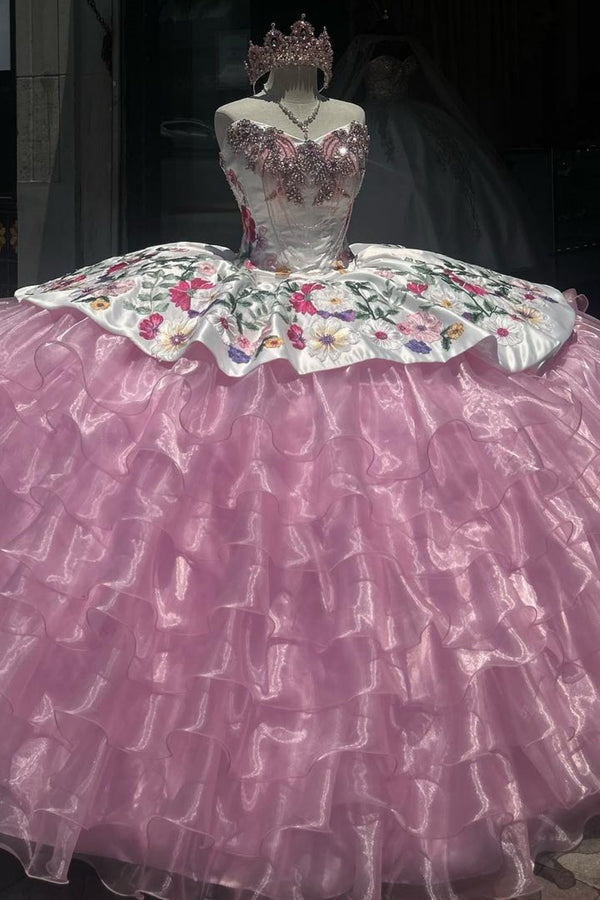 Langes Quinceanera-Kleid mit Herzausschnitt für Damen, trägerloses Korsett mit Blumenapplikationen, Perlenbesetztes Tüll-Ballkleid 
