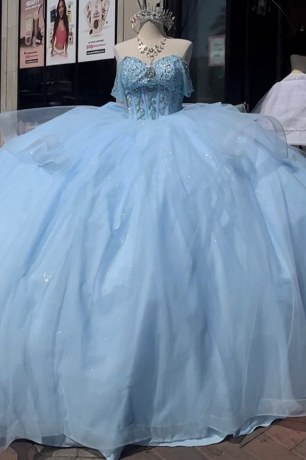 Langes Quinceanera-Kleid mit Herzausschnitt für Damen, trägerloses Korsett mit Blumenapplikationen, Perlenbesetztes Tüll-Ballkleid 