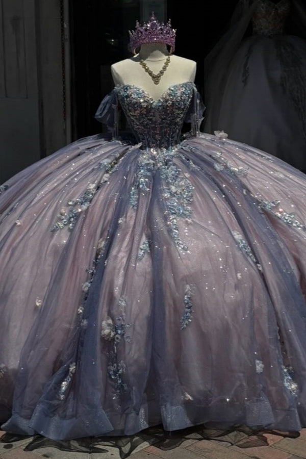 Off Shoulder Sleeveless Beaded 3D Flower Purple Sweet 15 Quinceañera Dress WQ1638