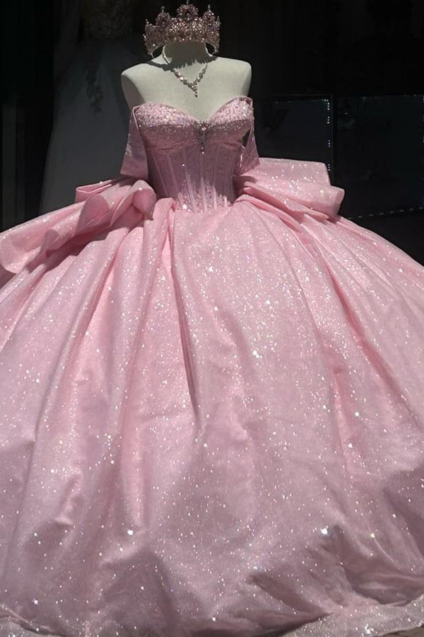 Langes Quinceanera-Kleid mit Herzausschnitt für Damen, trägerloses Korsett mit Blumenapplikationen, Perlenbesetztes Tüll-Ballkleid 