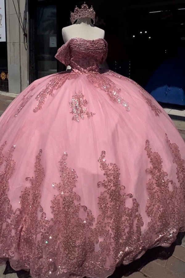 Langes Quinceanera-Kleid mit Herzausschnitt für Damen, trägerloses Korsett mit Blumenapplikationen, Perlenbesetztes Tüll-Ballkleid 