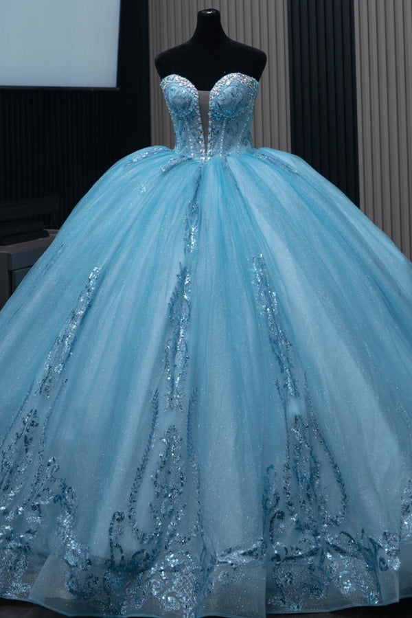 Langes Quinceanera-Kleid mit Herzausschnitt für Damen, trägerloses Korsett mit Blumenapplikationen, Perlenbesetztes Tüll-Ballkleid 