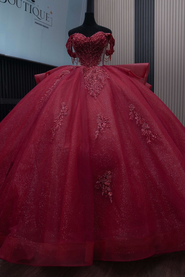 Langes Quinceanera-Kleid mit Herzausschnitt für Damen, trägerloses Korsett mit Blumenapplikationen, Perlenbesetztes Tüll-Ballkleid 