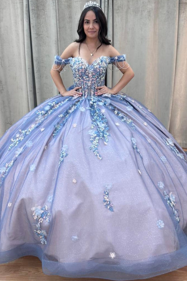 Off Shoulder Sleeveless  Beaded Sequins Appliques Bow Knot Purple Quinceañera Dress WQ1647