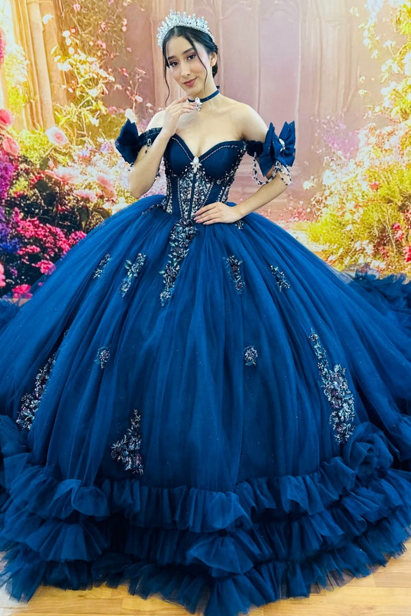 Langes Quinceanera-Kleid mit Herzausschnitt für Damen, trägerloses Korsett mit Blumenapplikationen, Perlenbesetztes Tüll-Ballkleid 