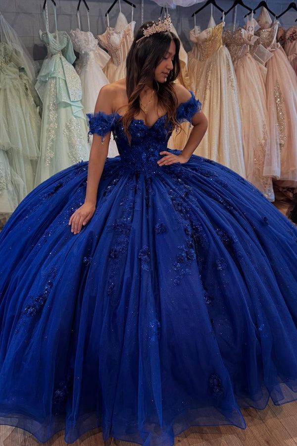 Langes Quinceanera-Kleid mit Herzausschnitt für Damen, trägerloses Korsett mit Blumenapplikationen, Perlenbesetztes Tüll-Ballkleid 