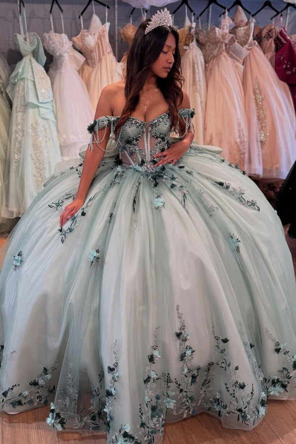 Langes Quinceanera-Kleid mit Herzausschnitt für Damen, trägerloses Korsett mit Blumenapplikationen, Perlenbesetztes Tüll-Ballkleid 