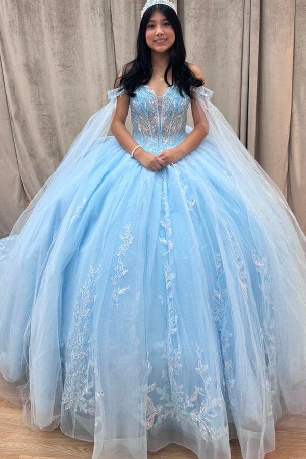 Off Shoulder Sleeveless Beaded Sequins Appliques Bow Knot Blue Sweet 15 Quinceañera Dress WQ1651