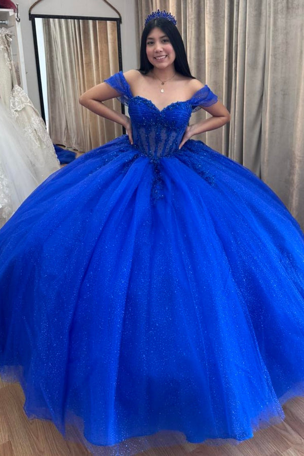 Off Shoulder Sleeveless Beaded Tiered Royal Blue Sweet 15 Quinceañera Dress WQ1652