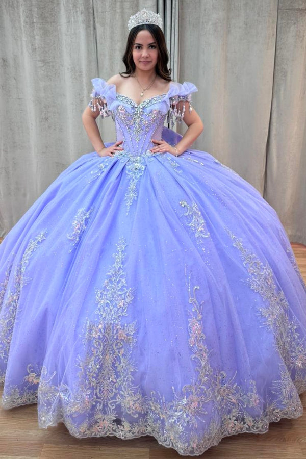 Off Shoulder Sleeveless Beaded Appliques Bow Knot Lilac Sweet 15 Quinceañera Dress WQ1653