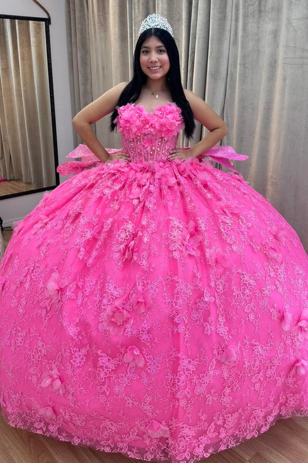 Strapless Sleeveless Beaded 3D Flower Appliques Hot Pink Sweet 15 Quinceañera Dress WQ1654