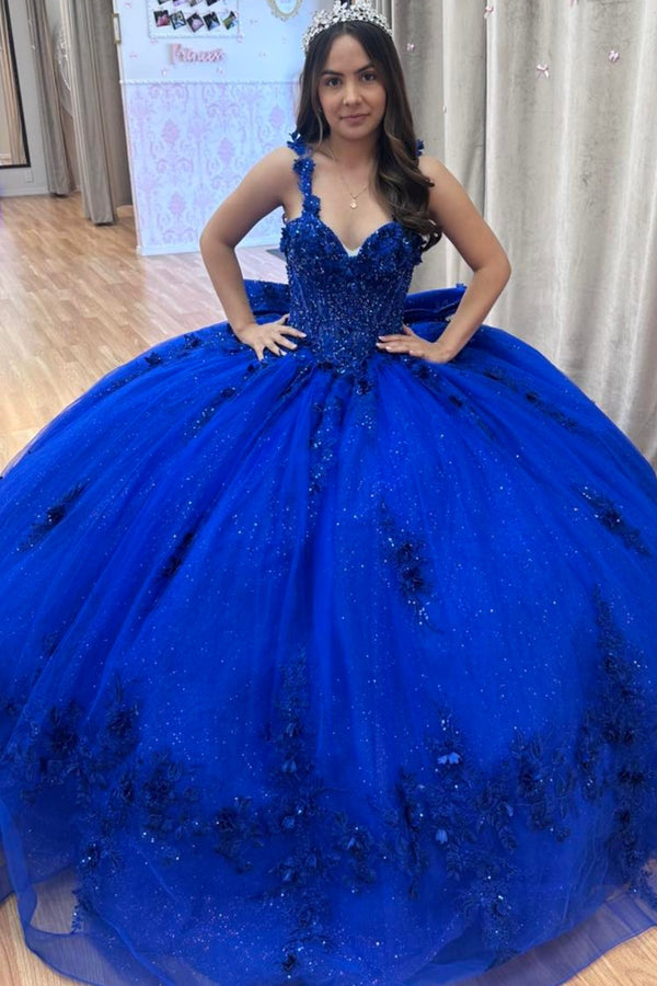 Sweetheart Neck Straps Sleeveless Beaded Appliques Bow Knot Royal Blue Sweet 15 Quinceañera Dress WQ1655